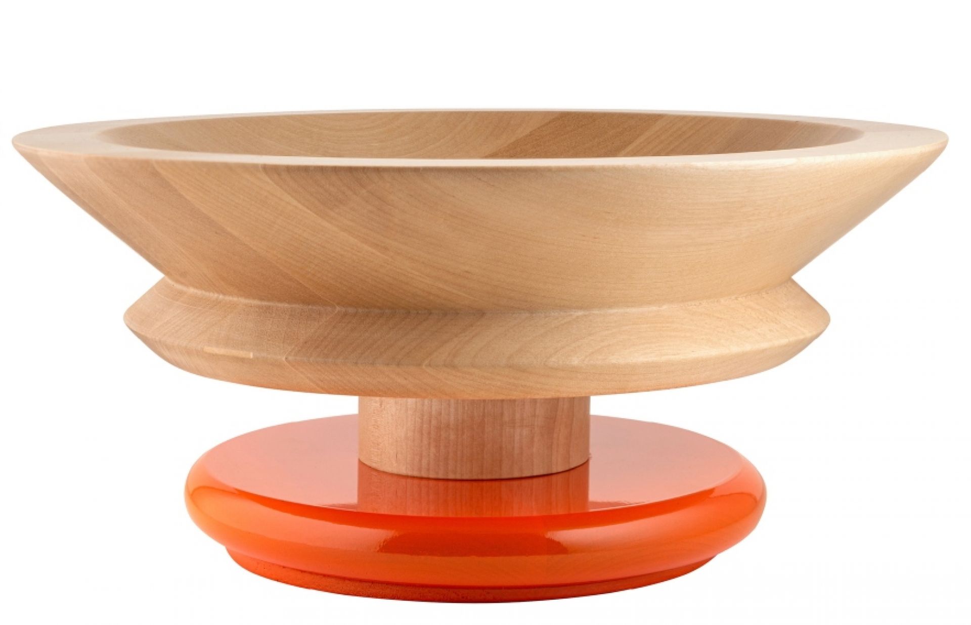 Alessi ES15 Schale: Holzschale mit orangefarbenem Sockel, moderne Obstschale für Küche und Tisch.